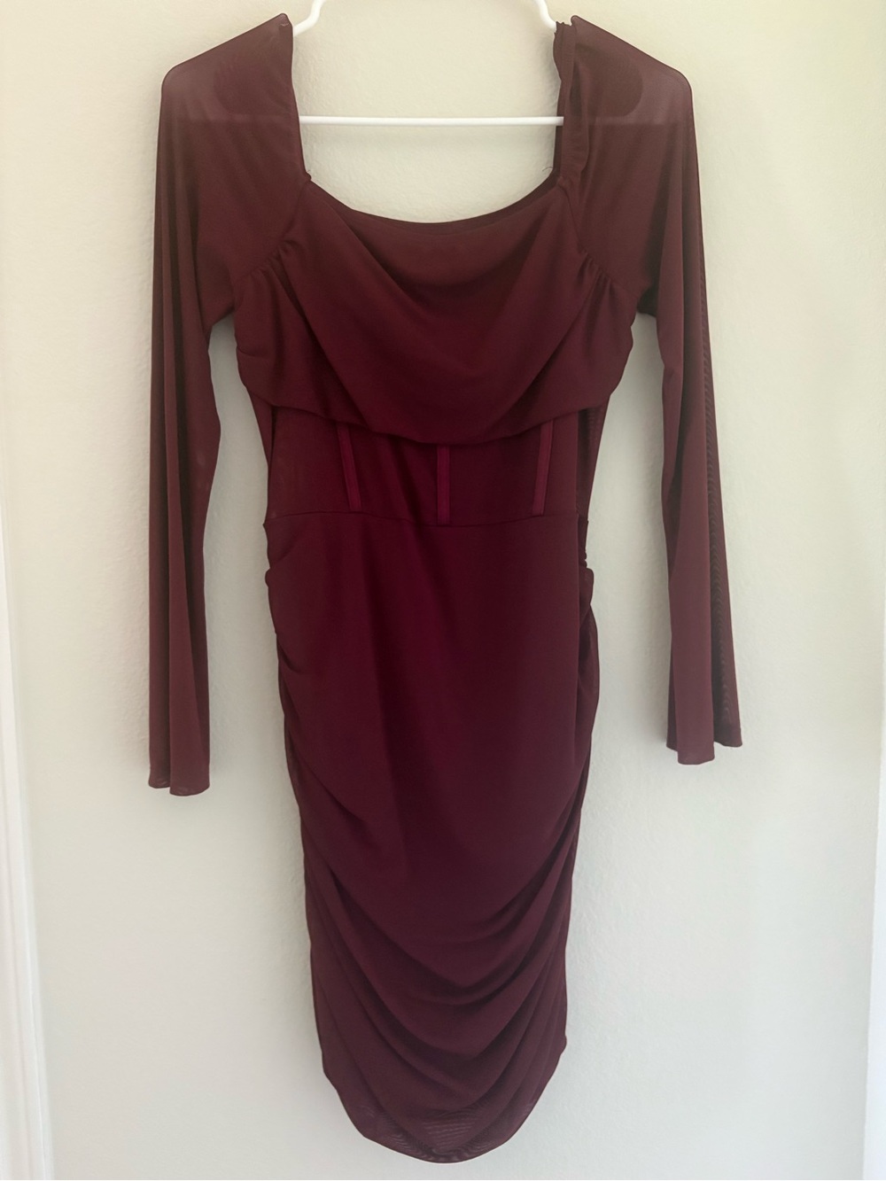 SHEIN Burgundy Long Sleeve Draped Bodycon Dress
